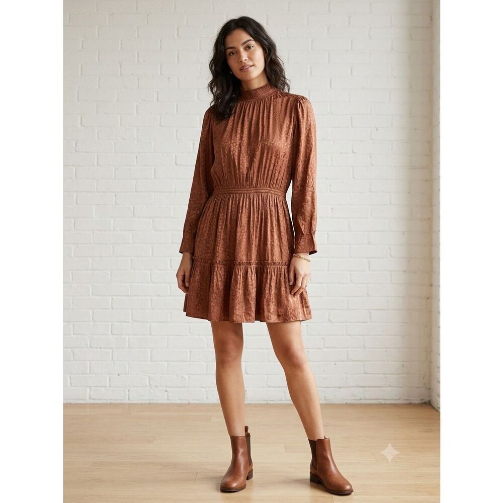Madewell Mockneck Ruffle Hem Mini Dress Cheetah Jacquard Smocked Brown Copper M